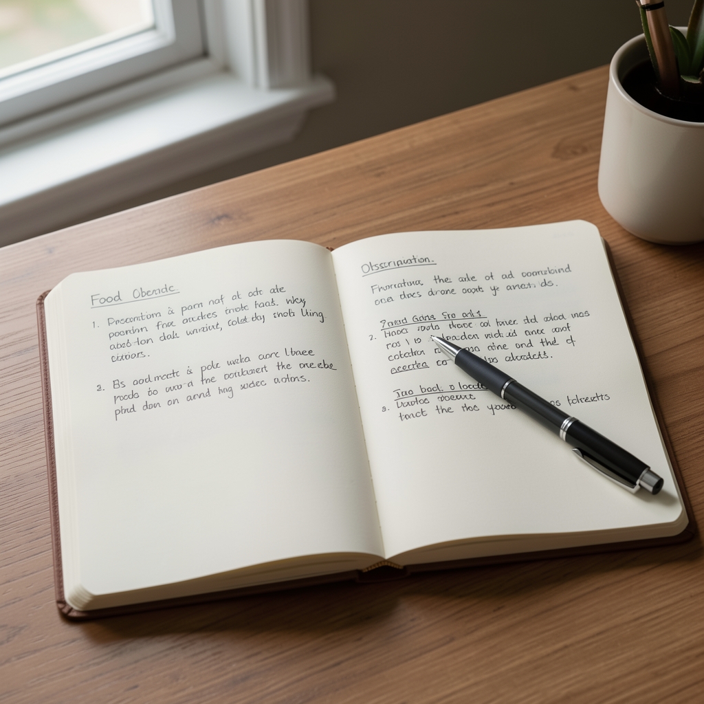 Notebook open on a desk with handwritten food observation notes, pen resting across the page, natural side light from a window, editorial flat-lay composition